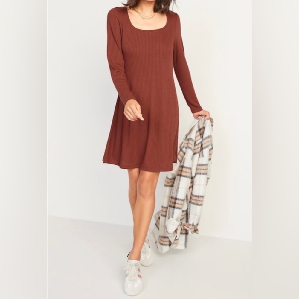 NWT Old Navy Copper Brown Fit & Flare Rib-Knit Long Sleeve Mini Dress Size XL
